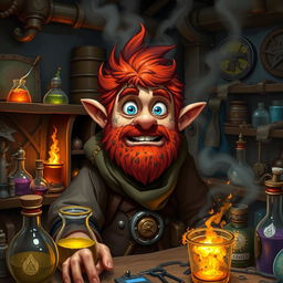 In a fantastical Dungeons & Dragons setting, a ruddy tan, red-haired male rock gnome artificer with captivating sapphire eyes finds himself covered in soot after accidentally causing an explosion while mixing chemicals in his alchemy laboratory