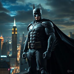 A dramatic portrait of Batman standing on a rooftop overlooking Gotham City at night