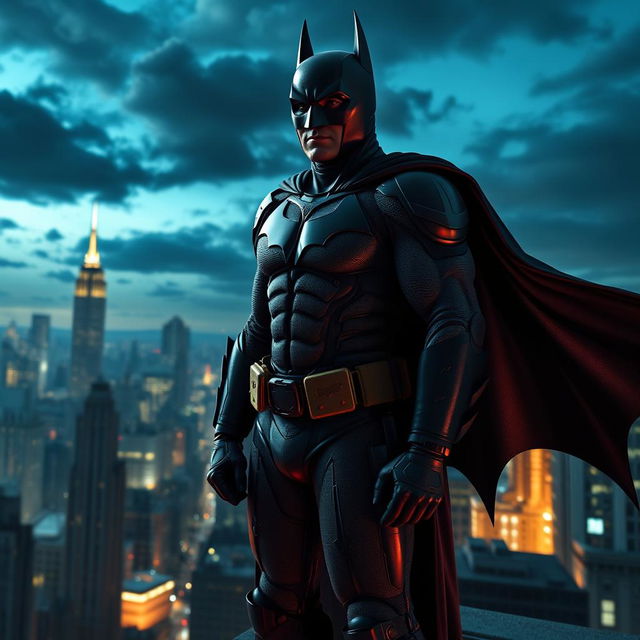 A dramatic portrait of Batman standing on a rooftop overlooking Gotham City at night