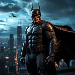 A dramatic portrait of Batman standing on a rooftop overlooking Gotham City at night