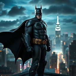 A dramatic portrait of Batman standing on a rooftop overlooking Gotham City at night