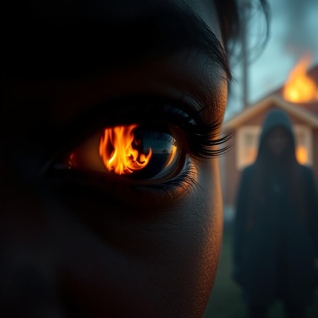 A close-up of a black woman's eye reflecting a dramatic house fire, with a shadowy figure standing behind her