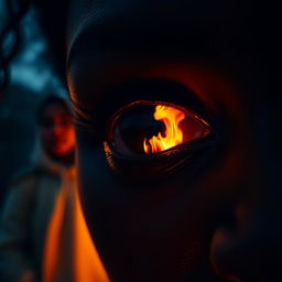 A close-up of a black woman's eye reflecting a dramatic house fire, with a shadowy figure standing behind her