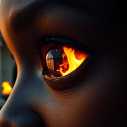 A close-up of a black woman's eye reflecting a dramatic house fire, with a shadowy figure standing behind her