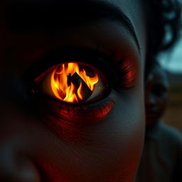 A close-up of a black woman's eye reflecting a dramatic house fire, with a shadowy figure standing behind her