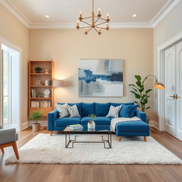 A stylish living room with one cream-colored wall, white door frames, and a light gray front wall