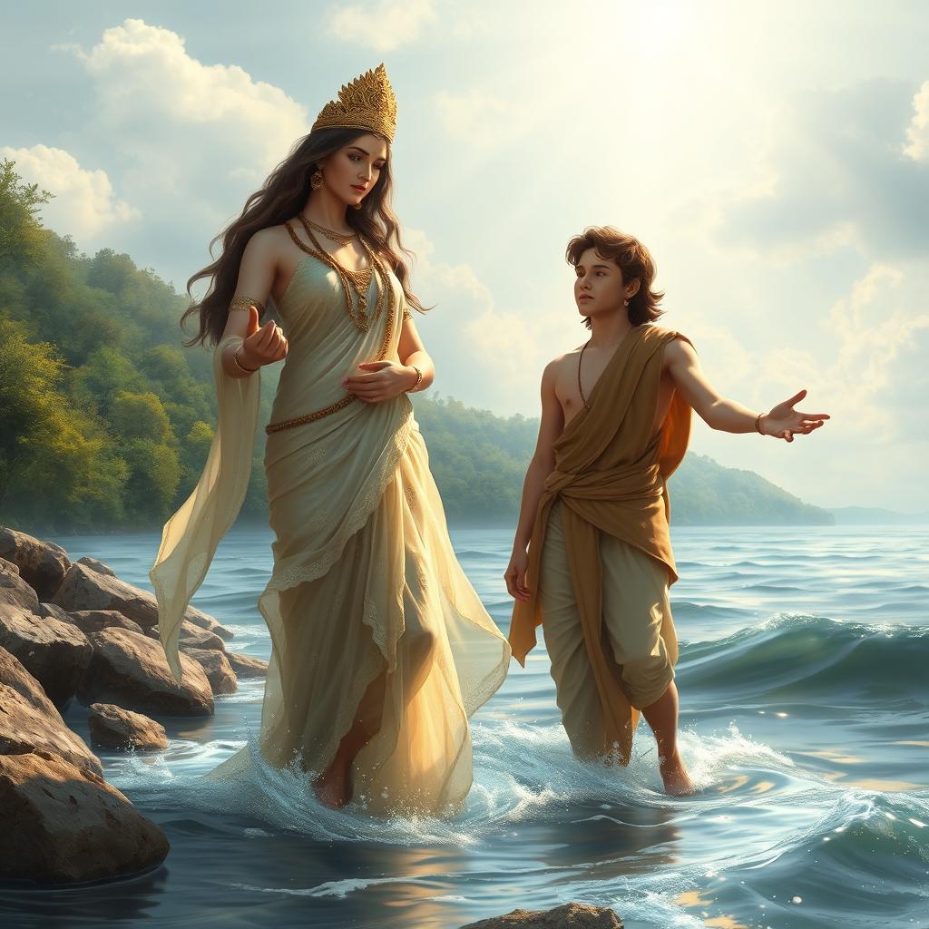 Goddess Ganga stands elegantly in the flowing river, her presence ethereal and divine, as she gently holds her teenage son by her side