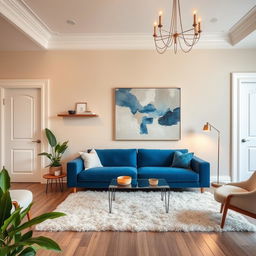 A stylish living room with one cream-colored wall, white door frames, and a light gray front wall