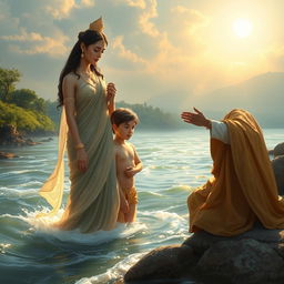 Goddess Ganga stands elegantly in the flowing river, her presence ethereal and divine, as she gently holds her teenage son by her side