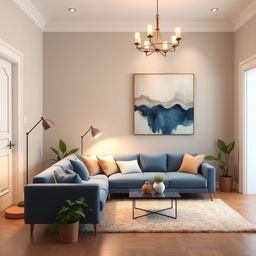 A stylish living room with one cream-colored wall, white door frames, and a light gray front wall