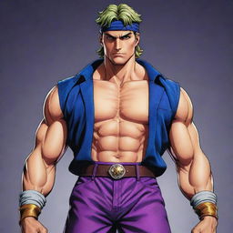 A vivid, full-body illustration of a confident Joseph Joestar, a character from JoJo's Bizarre Adventure. He has a muscular build and distinctive, stylized attire, giving him a unique, bold looks.