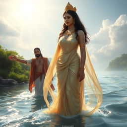 Goddess Ganga stands elegantly in the flowing river, her presence ethereal and divine, as she gently holds her teenage son by her side