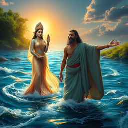 Goddess Ganga stands elegantly in the flowing river, her presence ethereal and divine, as she gently holds her teenage son by her side