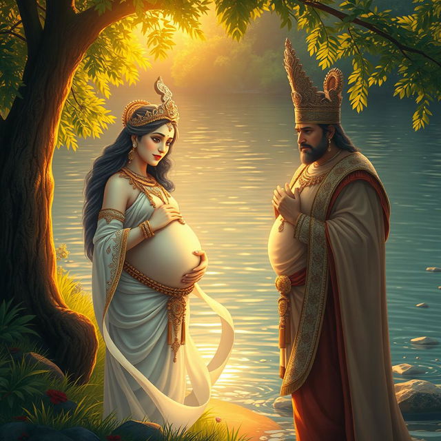 A serene and ethereal pregnant goddess Gangga, emanating a divine aura, is shown talking to a sorrowful king by a tranquil riverside