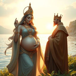 A serene and ethereal pregnant goddess Gangga, emanating a divine aura, is shown talking to a sorrowful king by a tranquil riverside