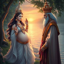 A serene and ethereal pregnant goddess Gangga, emanating a divine aura, is shown talking to a sorrowful king by a tranquil riverside