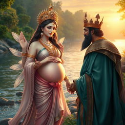 A serene and ethereal pregnant goddess Gangga, emanating a divine aura, is shown talking to a sorrowful king by a tranquil riverside