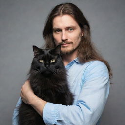 A portrait of a long-haired man with a serene expression, tenderly holding a black cat in his arms