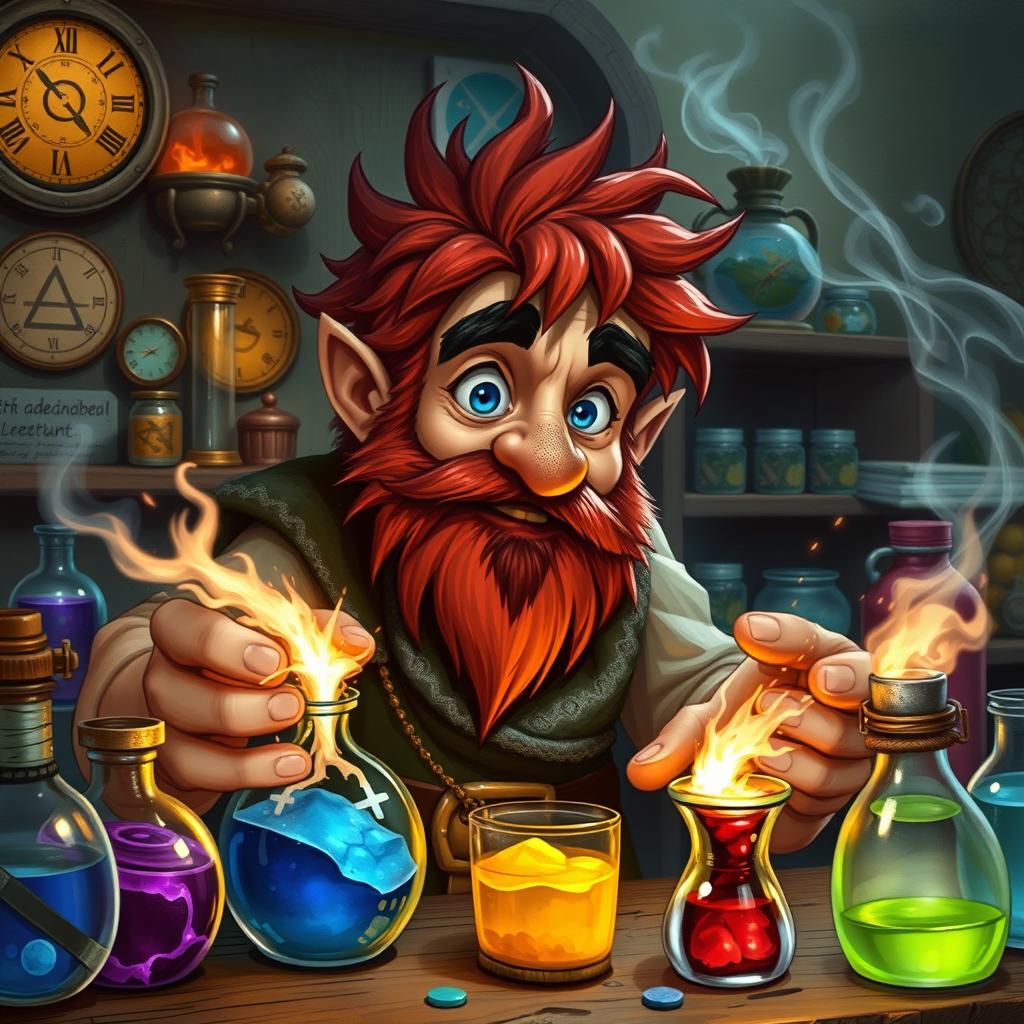 In a fantastical Dungeons & Dragons setting, a ruddy tan, red-haired male rock gnome artificer with sapphire-blue eyes is caught in a delightful disaster at his alchemy laboratory