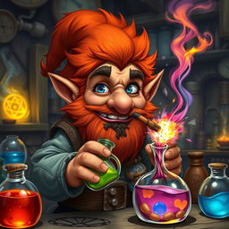 In a fantastical Dungeons & Dragons setting, a ruddy tan, red-haired male rock gnome artificer with sapphire-blue eyes is caught in a delightful disaster at his alchemy laboratory