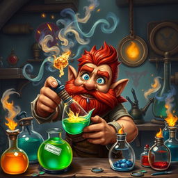 In a fantastical Dungeons & Dragons setting, a ruddy tan, red-haired male rock gnome artificer with sapphire-blue eyes is caught in a delightful disaster at his alchemy laboratory