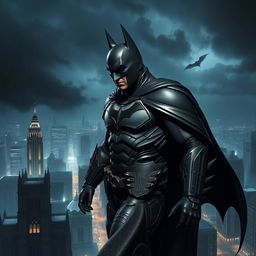 Batman, donning the advanced Arkham Knight suit, stands atop a Gothic-style gargoyle overlooking Gotham City