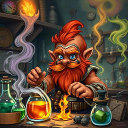 In a fantastical Dungeons & Dragons setting, a ruddy tan, red-haired male rock gnome artificer with sapphire-blue eyes is caught in a delightful disaster at his alchemy laboratory