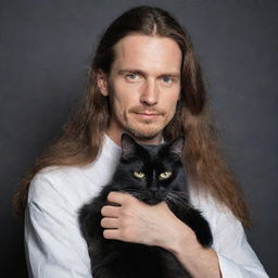 A portrait of a long-haired man with a serene expression, tenderly holding a black cat in his arms