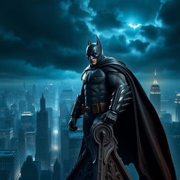 Batman, donning the advanced Arkham Knight suit, stands atop a Gothic-style gargoyle overlooking Gotham City