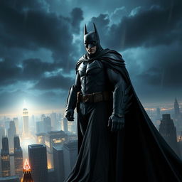 Batman, donning the advanced Arkham Knight suit, stands atop a Gothic-style gargoyle overlooking Gotham City