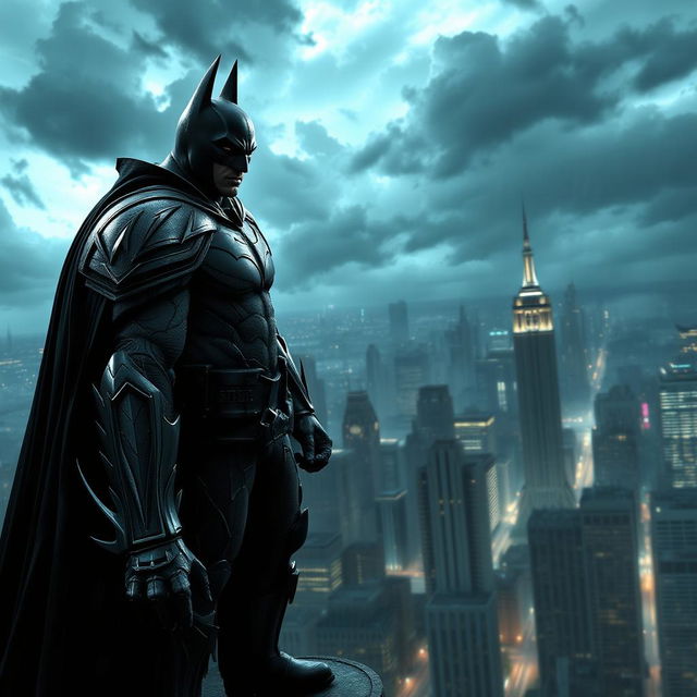 Batman, donning the advanced Arkham Knight suit, stands atop a Gothic-style gargoyle overlooking Gotham City