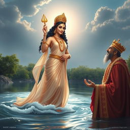 Goddess Ganga stands gracefully in the flowing river, her presence majestic and tranquil, alongside her teenage son