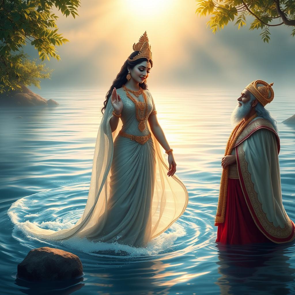 Goddess Ganga stands gracefully in the flowing river, her presence majestic and tranquil, alongside her teenage son