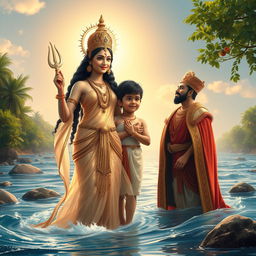 Goddess Ganga stands gracefully in the flowing river, her presence majestic and tranquil, alongside her teenage son