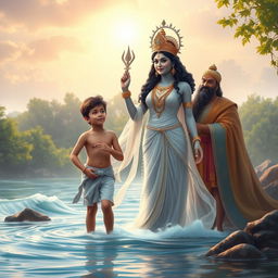 Goddess Ganga stands gracefully in the flowing river, her presence majestic and tranquil, alongside her teenage son