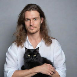 A portrait of a long-haired man with a serene expression, tenderly holding a black cat in his arms