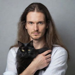 A portrait of a long-haired man with a serene expression, tenderly holding a black cat in his arms