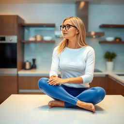 A blonde woman wearing glasses, a white top, and blue leggings sitting cross-legged on a kitchen table