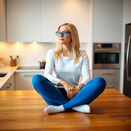 A blonde woman wearing glasses, a white top, and blue leggings sitting cross-legged on a kitchen table