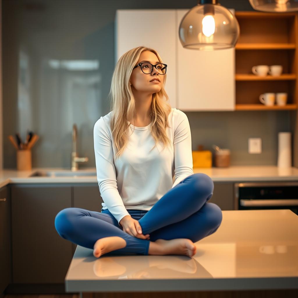 A blonde woman wearing glasses, a white top, and blue leggings sitting cross-legged on a kitchen table