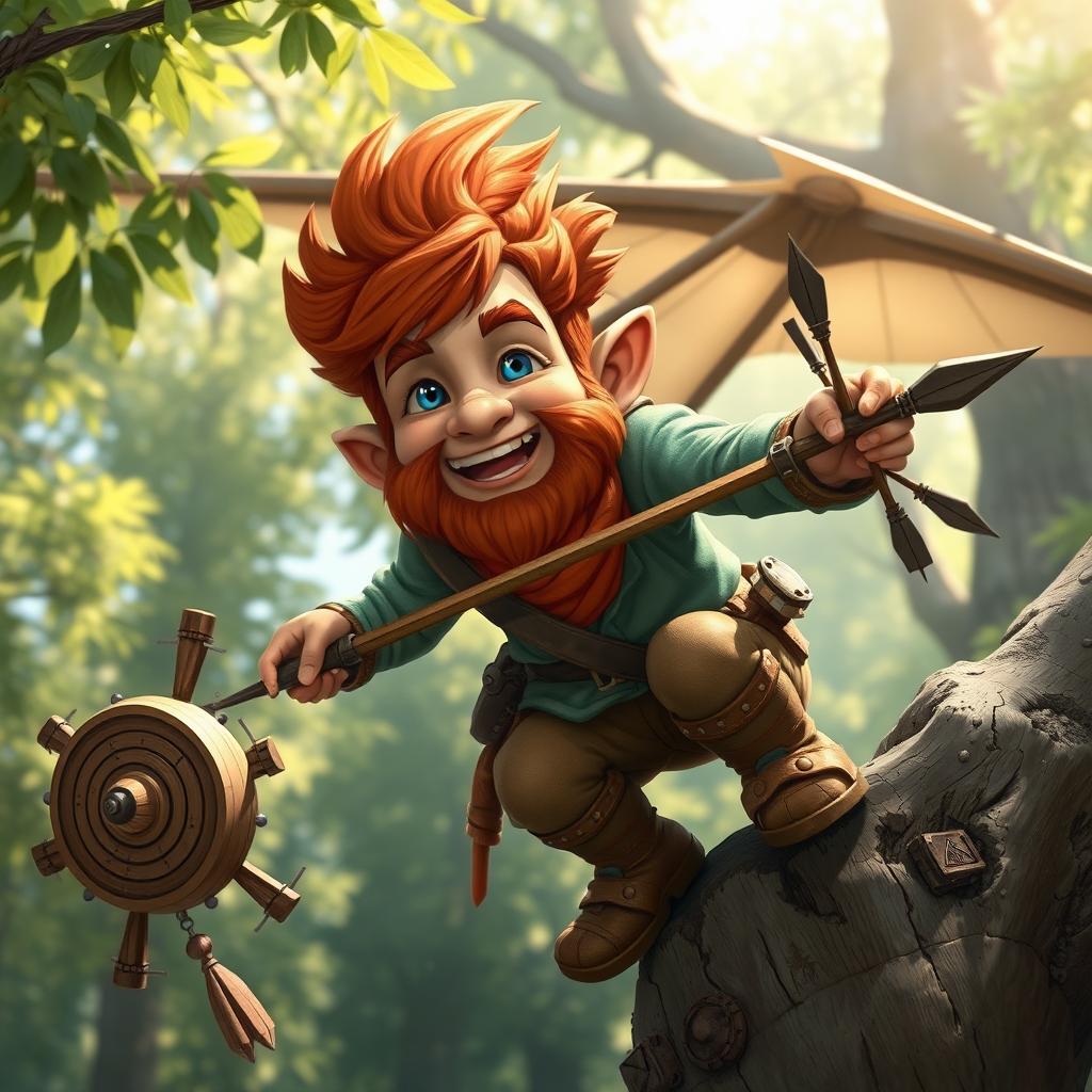 In a fantastical Dungeons & Dragons setting, a ruddy tan, red-haired male rock gnome artificer with sapphire-blue eyes is smiling joyfully as he pilots an experimental glider