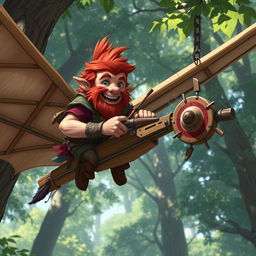 In a fantastical Dungeons & Dragons setting, a ruddy tan, red-haired male rock gnome artificer with sapphire-blue eyes is smiling joyfully as he pilots an experimental glider