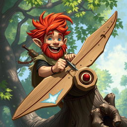 In a fantastical Dungeons & Dragons setting, a ruddy tan, red-haired male rock gnome artificer with sapphire-blue eyes is smiling joyfully as he pilots an experimental glider