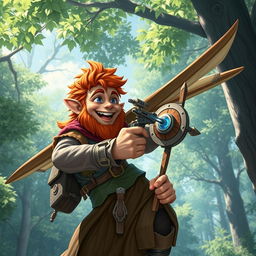 In a fantastical Dungeons & Dragons setting, a ruddy tan, red-haired male rock gnome artificer with sapphire-blue eyes is smiling joyfully as he pilots an experimental glider