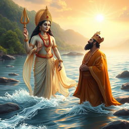 Goddess Ganga stands gracefully in the flowing river, her presence majestic and serene, alongside her adult son