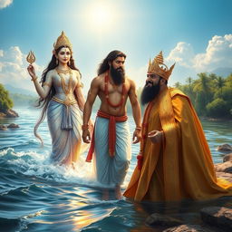 Goddess Ganga stands gracefully in the flowing river, her presence majestic and serene, alongside her adult son