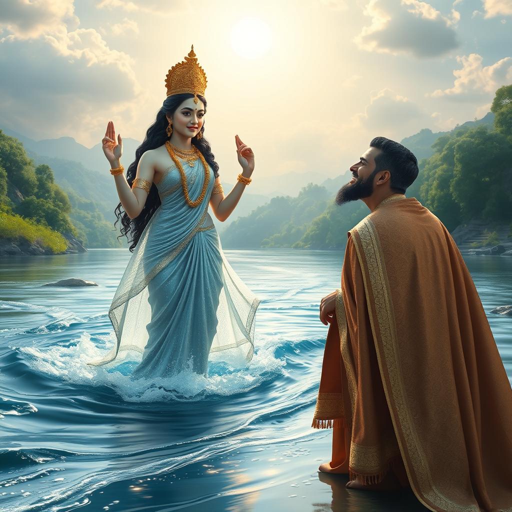 Goddess Ganga stands gracefully in the flowing river, her presence majestic and serene, alongside her adult son