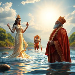 Goddess Ganga stands gracefully in the flowing river, her presence majestic and serene, alongside her adult son