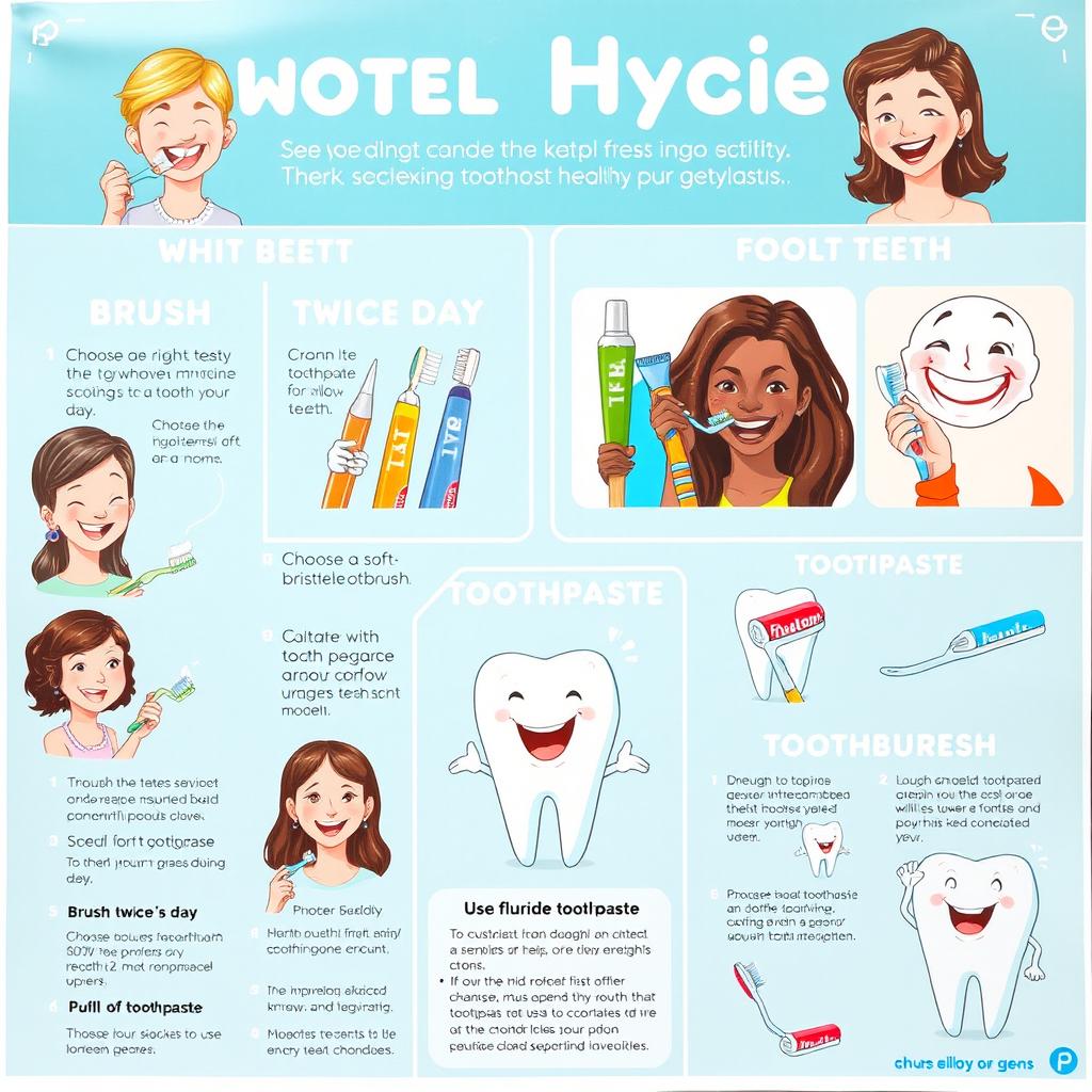 A well-organized informational poster focused on dental hygiene, featuring illustrations and bullet points on tips for keeping teeth healthy