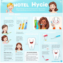 A well-organized informational poster focused on dental hygiene, featuring illustrations and bullet points on tips for keeping teeth healthy